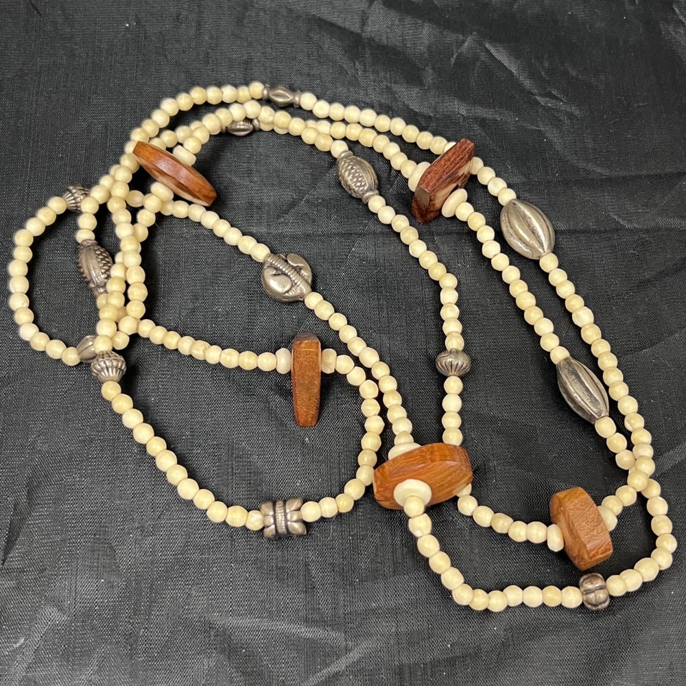 Boho Beaded Wood Silver Tone Statement Necklace 56" Bone Bohemian Natural Ethnic